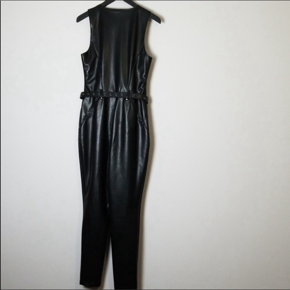 Guess Sandra Faux Leather Moto Belted Jumpsuit Black - Picture 6 of 8